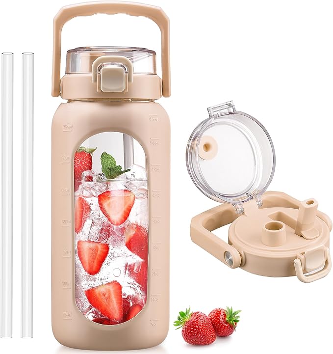 BLUEGO 64oz Glass Water Bottle with Handle and Straw, Motivational Sports Water Bottle with Time Marker and Silicone Sleeve Leakproof Drinking Bottle for Travel Gym Workout, Amber