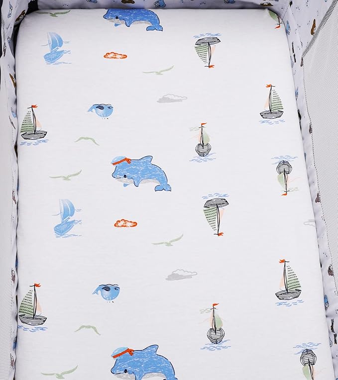 Bassinet Sheets (33" x 19") Compatible with Mika Micky, Baby Delight, Dream On Me, Amke and Other Rectangle Mattress, 2 Pack Fitted Sheets, 100% Jersey Knit Cotton 190GSM, Whale and Dolphin