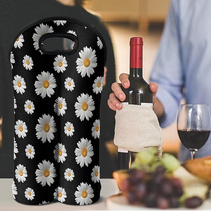 doginthehole 2 Bottle Wine Carrier Daisy Champagne Carrier Bag Neoprene Wine Tote Bags Reusable Wine Bottle Protector Insulated Wine Bag Wine Cooler Bag Wine Accessories Gift for Women Wine Lover