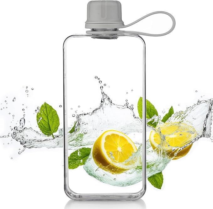 Tritan Transparent Flat Water Bottle samll Water Bottle Slim Square Pocket Bottle Water Flask, BPA Free/Slim Design/Leak Proof Water Bottle for Travel, Outdoor, Sports, Camping (Grey, 400ML)