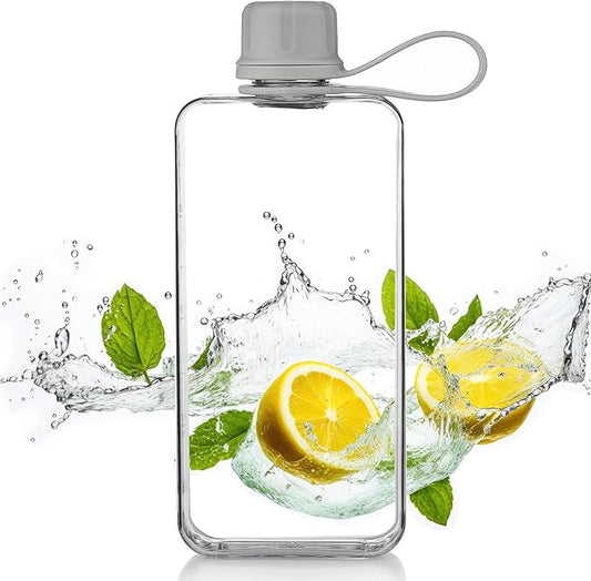 Tritan Transparent Flat Water Bottle samll Water Bottle Slim Square Pocket Bottle Water Flask, BPA Free/Slim Design/Leak Proof Water Bottle for Travel, Outdoor, Sports, Camping (Grey, 400ML)