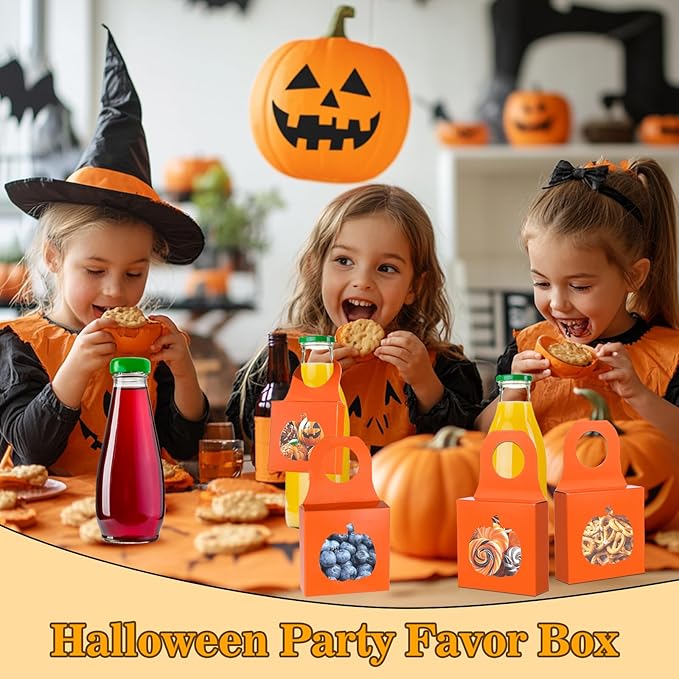 Megitzuu 30PCS Wine Bottle Box with Window, Kraft Paper Wine Boxes for Halloween Gifts Hanging Pumpkin Treat Box Mini Charcuterie Boxes Wine Bottles Gift Bags Goodies Candy Box Party Favor (Orange)