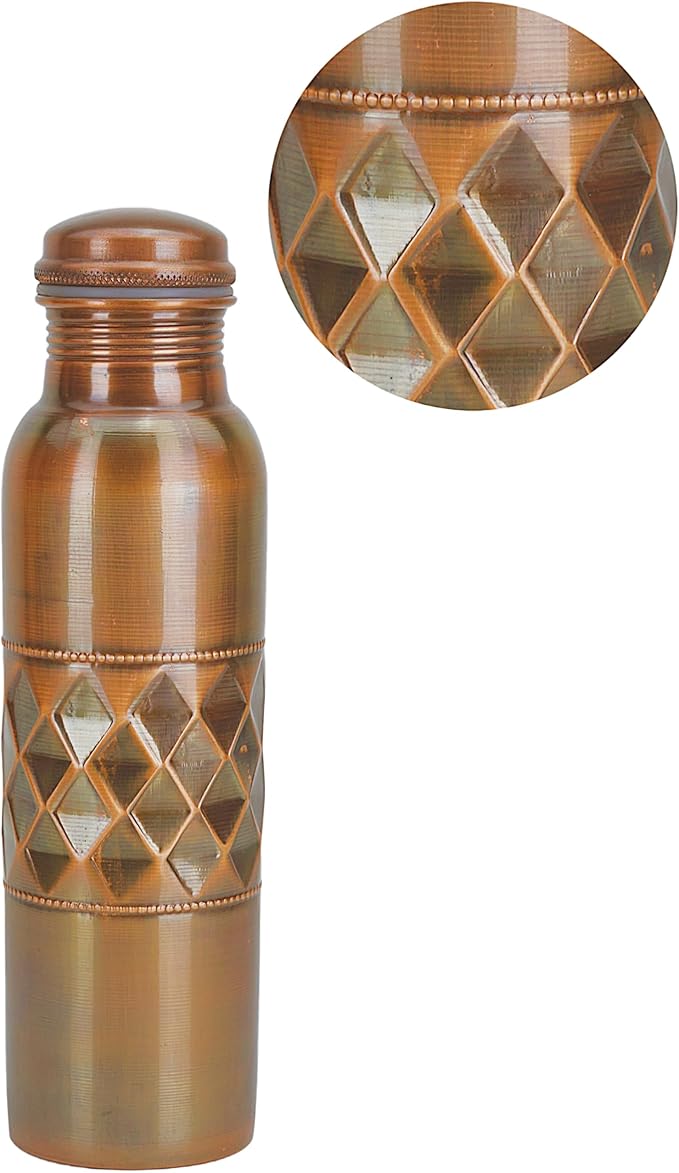 Copper Water Bottle for Drinking 34 Oz Large Handcrafted Ayurvedic Pure Copper Bottle Leak Proof Lid – Diamond Finish Copper Vessel with Carry Bag for Gym,Yoga, Meditation - 1000 ml / 1L