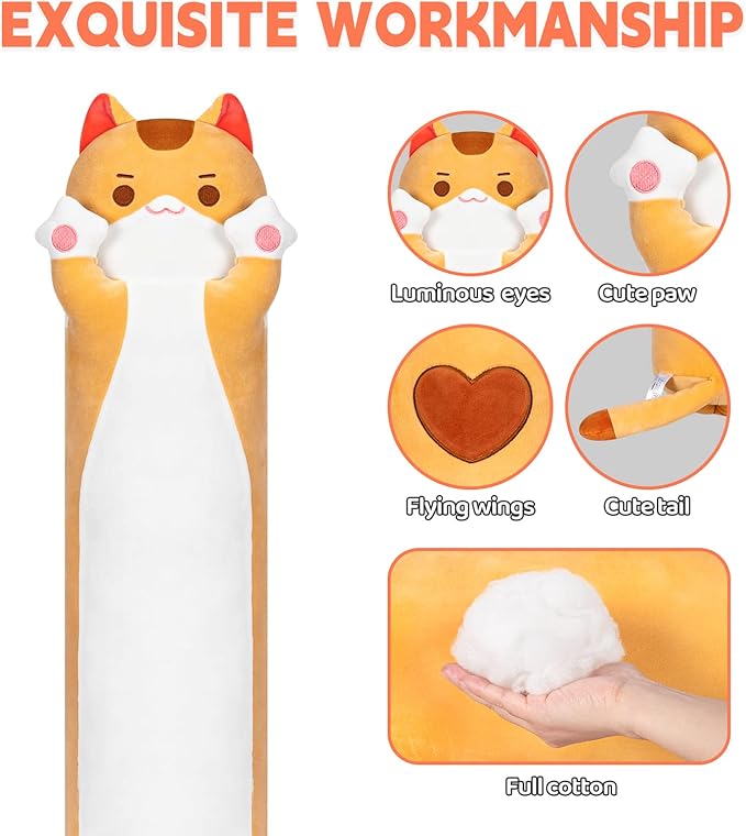 Long Cat Plush Kawaii Body Pillow, 44” Cute Brown Cat Stuffed Animals Soft Plushies, Orange Kitten Plush Throw Pillow Doll Toy Gift for Girlfriend