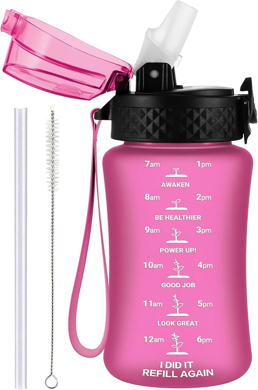 GOPPUS Kids Water Bottle with Straw Spout Lid 10pcs Stickers 12 oz Leak-proof BPA Free Motivational Time Marker Tritan Plastic Water Bottles for Girls Boys School Sports
