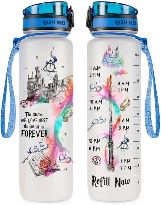 Potter Movie Water Bottle 32 oz with Time Marker, The Stories We Love Best Motivational Bottle, Funny Gifts for Movie Lovers, Gifts for Women