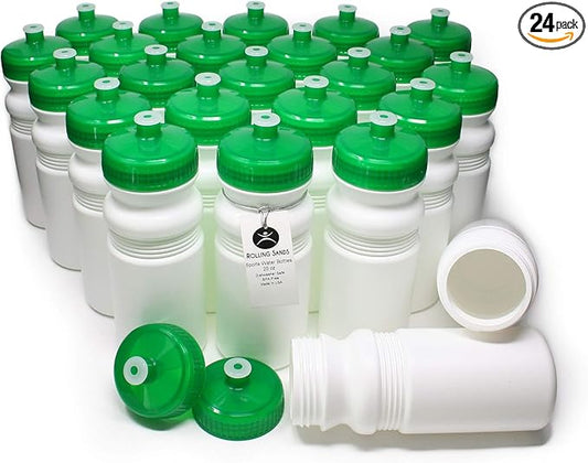 Rolling Sands 20 Ounce Sports Water Bottles 24 Pack, BPA-Free, Made in USA, Dishwasher Safe, White Bottles/Green Lids