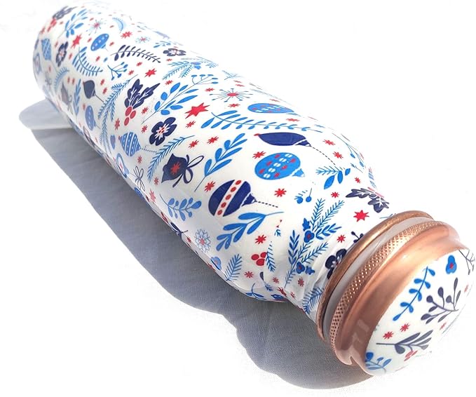 Pure Printed Copper Water Bottle - Leak Proof Ayurvedic Drinkware Copper Vessel for Sports, Gym, Outdoors, Yoga, Health Benefits (30 oz)