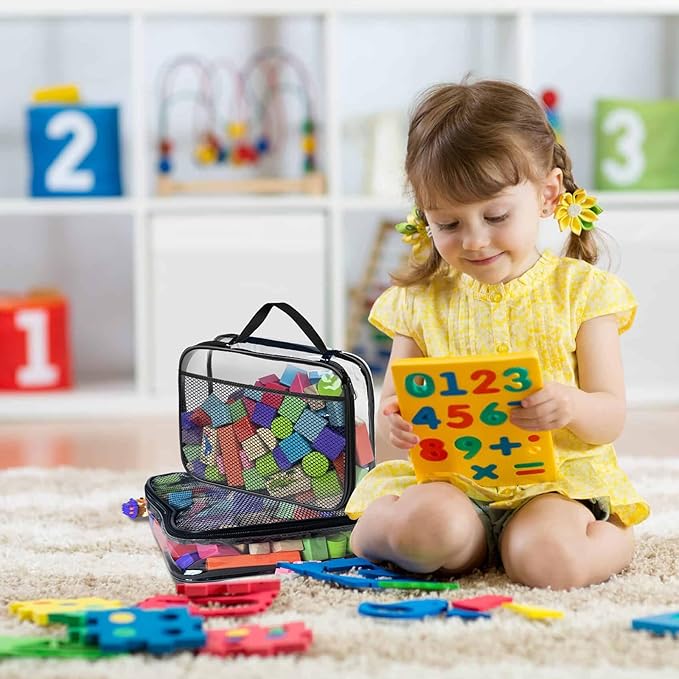 4 Packs PVC Toy Zippered Blocks, Travel Storage Case Bags for Organizing, Waterproof Toy Storage Bags with Mesh Pockets for Building Blocks, Puzzles, Clays,Toy Cars 11.8"Lx3" Wx9" H (Black).