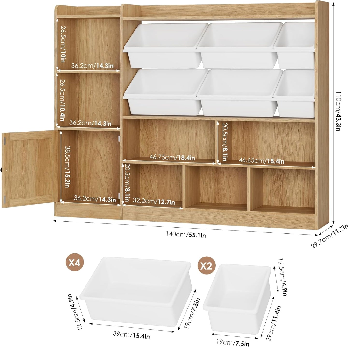 Toy Storage Organizer, 55” Wide Toy Organizers and Storage with 8 Storage Cubbies & 6 Toy Bins, Large Toy Box with Bookshelf, Playroom Storage for Playroom, Oak