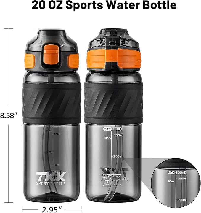 TKK 20oz Sports Water Bottles with Removable Straw Durable BPA Free Tritan Bottles Leak-Proof Water Bottles for School, Fitness, Gym, Outdoor, Black