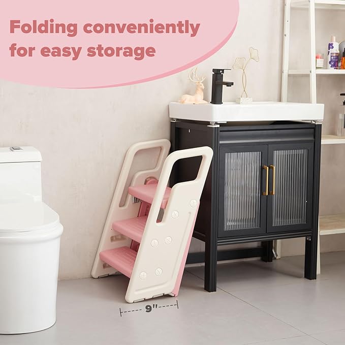 Folding Toddler Step Stool for Bathroom Sink,Adjustable 3 to 2 Step Stools for Toilet Potty Training,Sturdy Kids Step Stool for Kitchen Counter with Handle,Pink