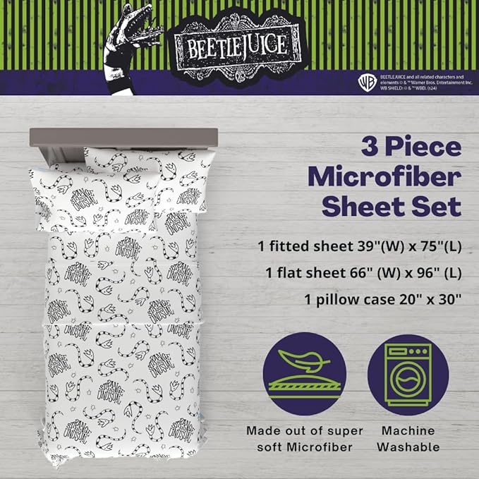 Franco Collectibes Beetlejuice Bedding Super Soft Microfiber Twin Sheet Set, College Dorm Essentials, (Officially Licensed Product)