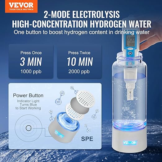 VEVOR Hydrogen Water Bottle, Hydrogen Water Bottle Generator up to 2000 ppb, 380ml Portable Hydrogen Water Machine, SPE Technology hydrogen water generator with Nasal Inhalation Tube and Self-Cleaning