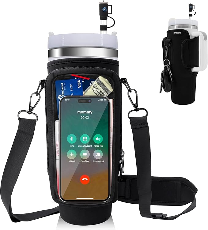 Water Bottle Carrier Bag for Stanley Cup Accessories, for Stanley Tumbler 40 Oz with Handle Holder Bag with Strap Neoprene Bollus with Straw, Straw Cover, Carabiner (Off White)