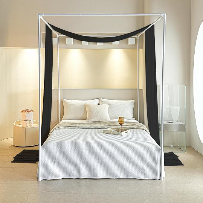 AIKASY Black Bed Canopy Scarf for Full/Queen - Luxury Sheer Canopy Bed Curtains with Light - Suitable for Four-Poster Bed, Metal Bed Frame, Wood Bed Frame -1pic