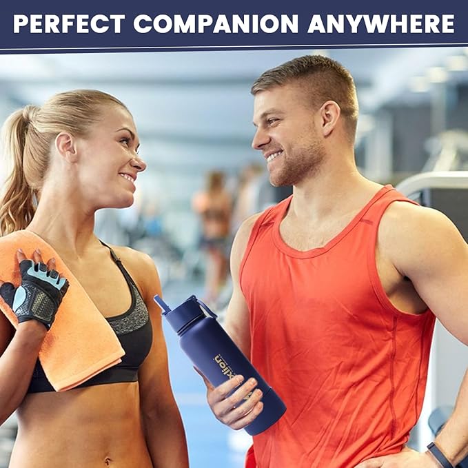 Water Bottle 22oz, Triple Walled Insulated Stainless Steel Reusable Bottle, Silicone Sleeve, Cleaning Brush, 2 Lids (Spout lid & Straw lid w/2 straw), Metal Mug Gallon, BPA Free, Twilight Blue