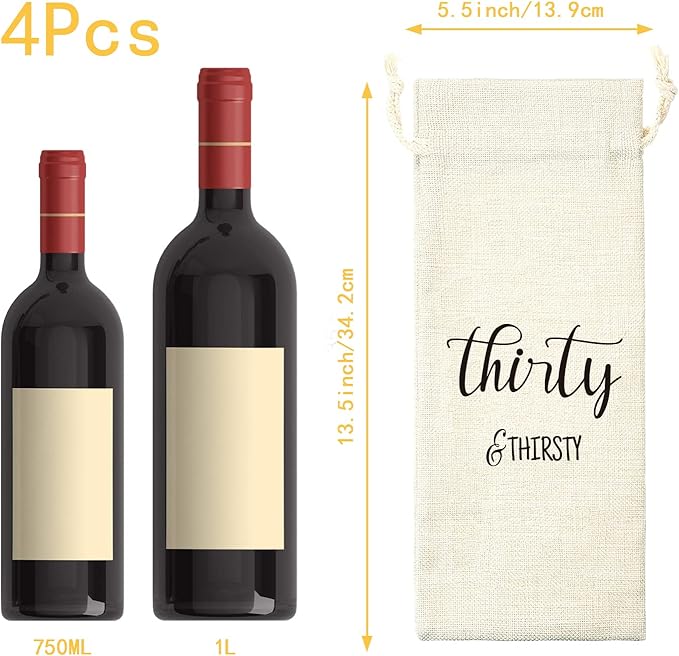 PLIGREAT 4 Pcs Cotton Linen Wine Bags, Reusable Wine Gift Bags with Drawstrings, Wine Bottle Wrap Bags Bulk Congrats Gifts Bags for 30th Birthday Party Thanksgiving Christmas Gifts Bags
