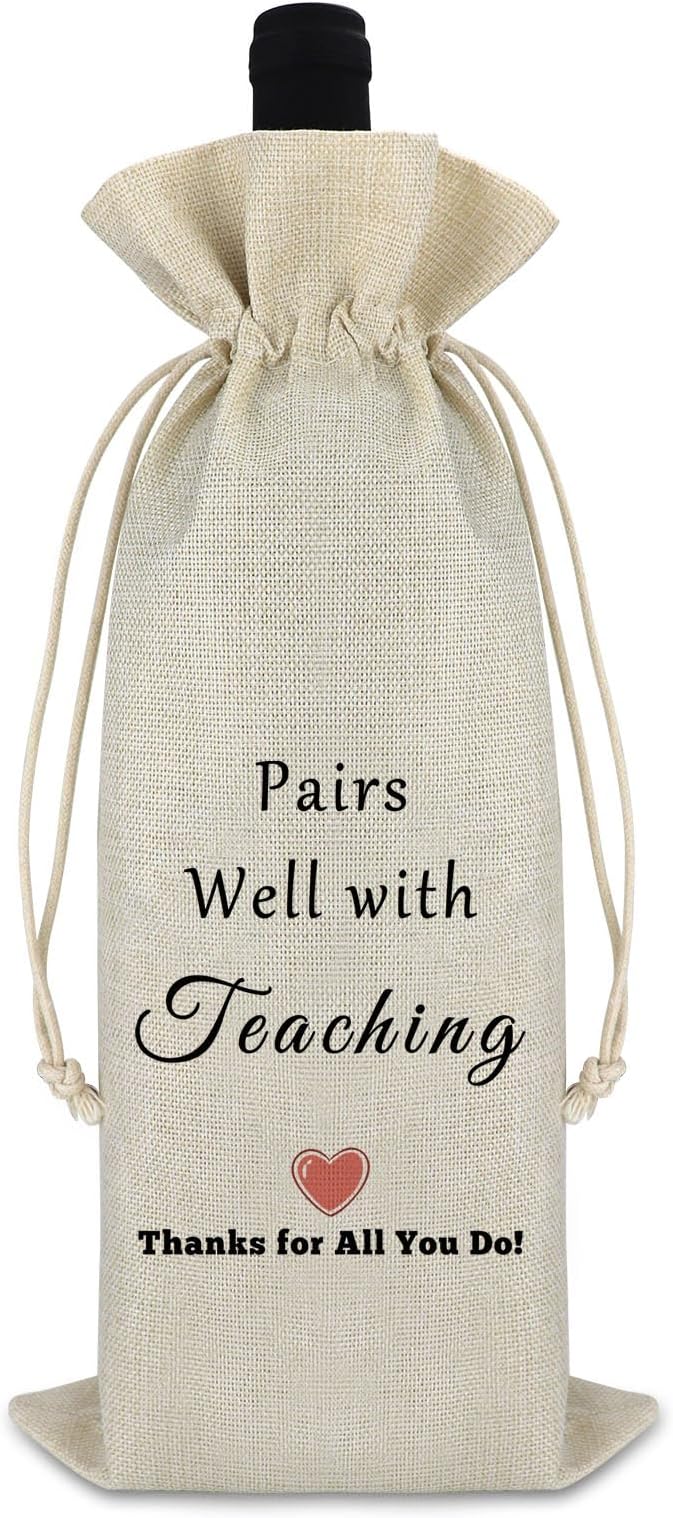 Gfhzdmf Thank You Gifts for Teacher Women Wine Bag Office Gift for Coworkers Appreciation Gift Mothers Day Gift for Mom Burlap Wine Wrap Bags Teachers Day Christmas Gift Drawstring Wine Gift Bag