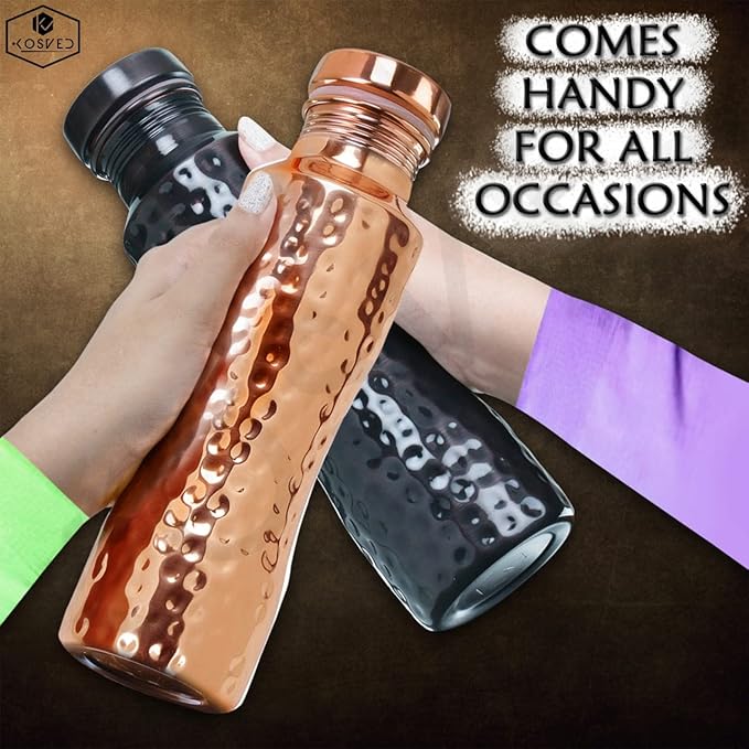 Pure Copper Jasmine Antique Hammered Water Bottle: A Premium Design Bottle with Ayurvedic Health Benefits, Leak Proof and Durable Copper Water Bottle for drinking (800ml / 27oz)