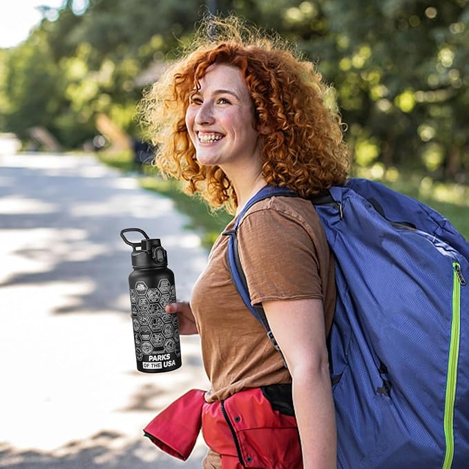 National Parks Water Bottle with Stickers and Straw,32oz Double Wall Vacuum Wide Mouth Insulated Water Bottle for Travel,BPA-free and Leak-proof (32oz,Black)