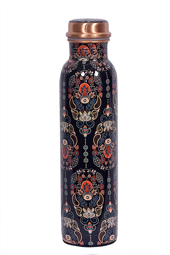 Copper Bottle For Drinking Water 33 Oz Ayurvedic Leak Proof lid Enamel Multi Colour Design Durable Lightweight Hand Washable Vessel Clean Cool Water Natural Minerals Boost Energy Water Utensil