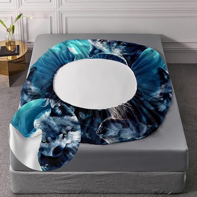 AILONEN Boys Wolf Fitted Sheet Set Twin XL Size, 3 Pieces Wildlife Bed Sheet Set,Evening Moon Wolf Sheet Set for Boys Teen Men,Wolves Print Fitted Sheet with 2 Pillowcases