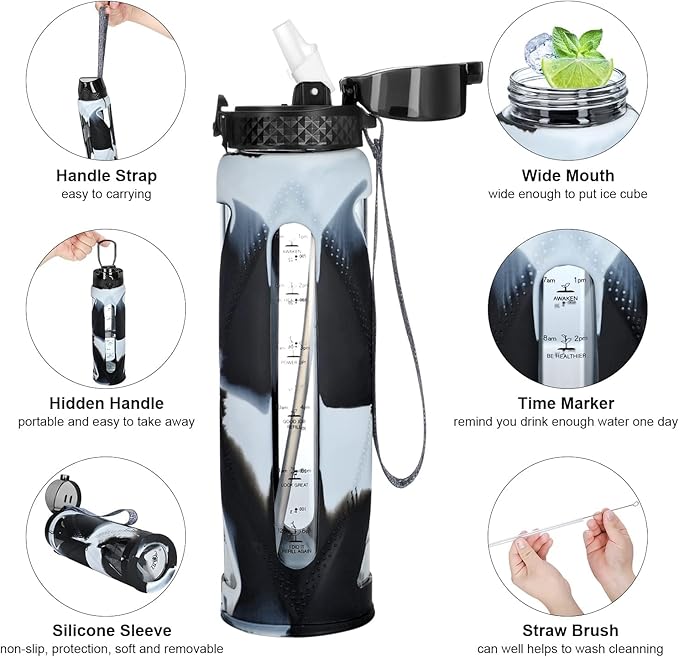 GOPPUS Glass Water Bottles with Straw and Flip Lid, Motivational Water Bottles with Time Marker Reminder and Silicone Sleeve, Leakproof, BPA Free (32 oz, Black and White)