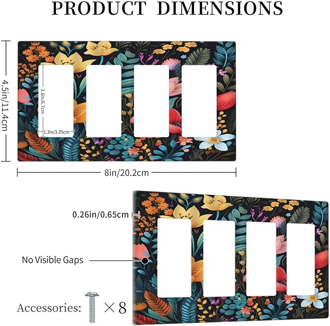 Boho Floral Vintage Flower Leaves Rustic Wildflower Plants 4 Gang Rocker Decora Light Switch Cover Outlet Covers Wall Plate Decorative Switchplate Electrical Faceplate GFCI for Country Bedroom Decor