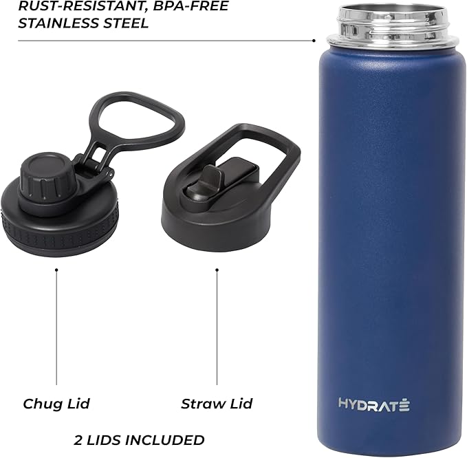 HYDRATE Insulated Stainless Steel Water Bottle - Large Reusable Flask with Leak-Proof Design and Convenient Handle - Double Vacuum Insulation for School, Work, or Adventure