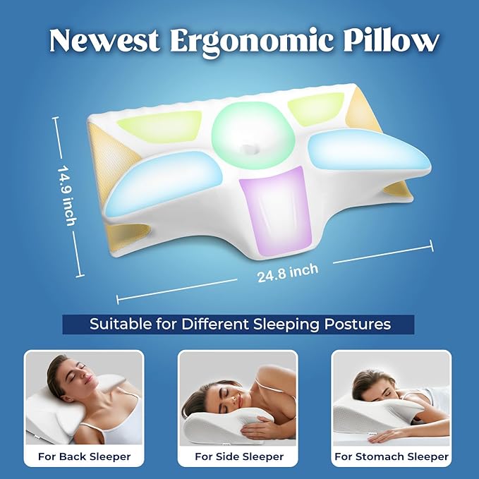 Cervical Pillow for Neck Pain Relief, Cooling Contour Memory Foam Pillows Support Odorless Ergonomic Neck Pillow Adjustable Orthopedic Bed Pillow for Side Back Stomach Sleeper with Pillowcase