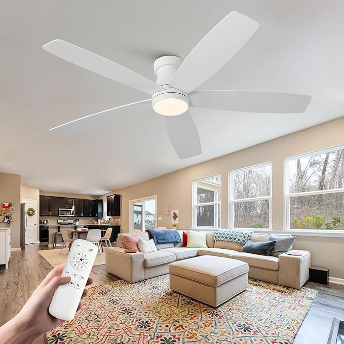 52 inch Ceiling Fans with Lights and Remote,Flush Mount White Ceiling Fan,Memory Fuction Reversible Quiet DC Motor Low Profile Ceiling Fans For Living Room Bedroom Outdoor(White&Natural Wood)