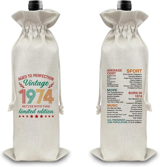 50th Birthday Gifts Wine Bag Congratulations Gifts for Women Men Parents Mom Dad Anniversary Favors 1974 with Time Information Wine Gift Bag