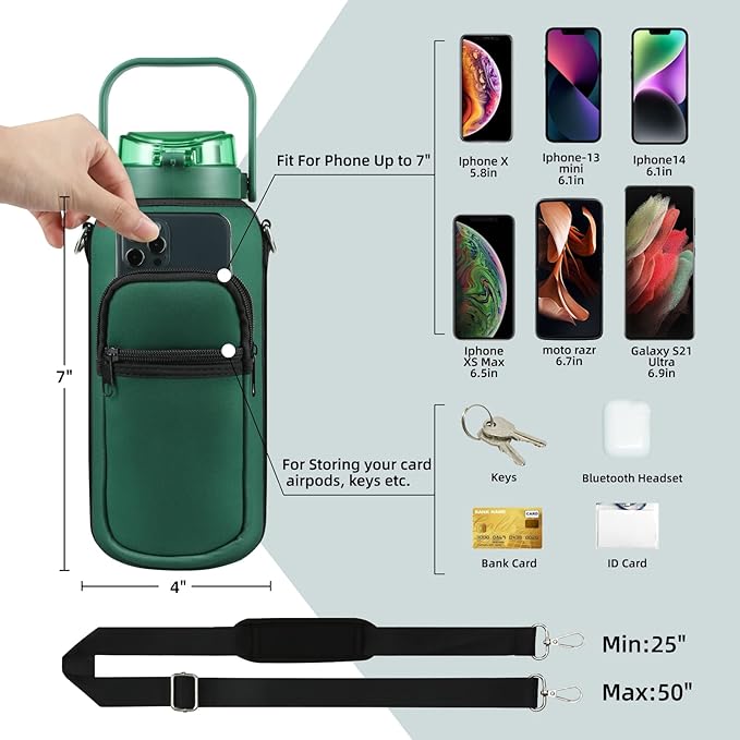 Half Gallon 64oz Glass Water Bottle with Straw and Storage Sleeve Motivational Water Bottle with Strap and Time to Drink 2L Leakproof Reusable Water Jug for Fitness Gym and Outdoors