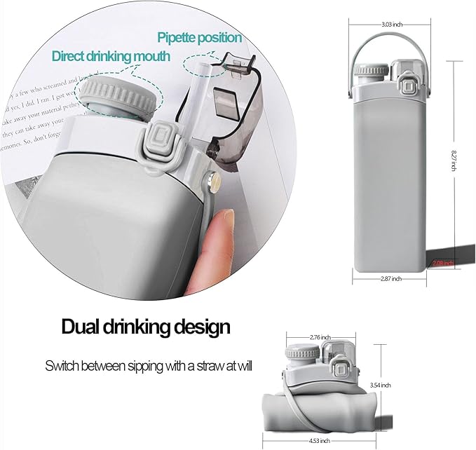 THAIOXYH® Collapsible Water Bottle 20 oz（600ml） Silicone BPA Free Reuseable Lightweight Foldable Water Bottles for Traveling Running Hiking Camping Sports (Grey)