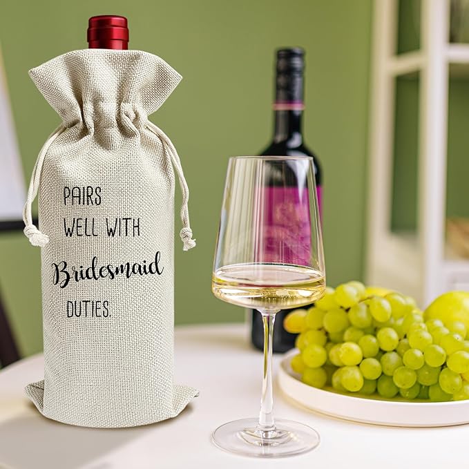 Pairs Well with Bridesmaid Duties - Gifts for Maid of Honor Wine Bags, 1 PC Reusable Drawstring Burlap Wine Bottle Bags, Wedding Gifts for Women Ladies, Bridal Shower Party Decorations -14