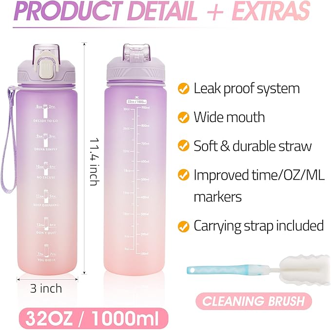 Motivational Water Bottle with Time Marker- 32oz Water Bottles with Times to Drink, Leakproof & BPA Free Sports Water Bottle with Straw & Carry Strap for Fitness, Gym, and Outdoor Sports
