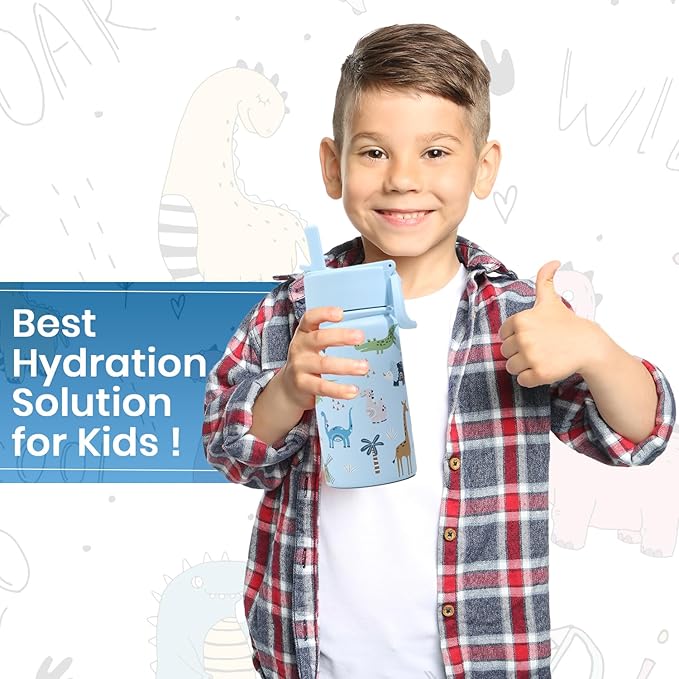 Water Bottle 14 Oz, Triple Walled Insulated Stainless Steel Odor & Strain Resistant Reusable Bottle, 1 straw Lid, Leakproof, Metal Mug Gallon, BPA Free, Blue Zoo