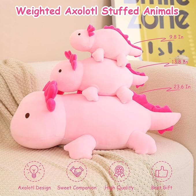 SQEQE Weighted Axolotl Plush Toy, Pink Axolotl Stuffed Animals Cute Axolotl Plush Pillow, Cute Weighted Stuffed Animals Gifts for Girls & Boys Age 3-12 (23.6" | 3.5 lbs, Pink Axolotl)