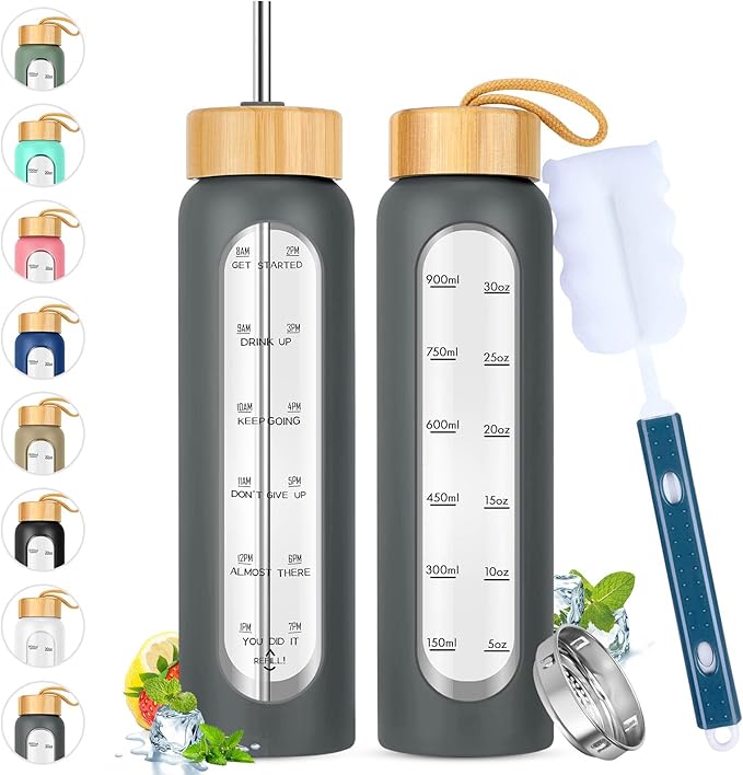 32 oz Glass Water Bottles with Straw - Motivational Glass Water Bottle with Time Marker & Silicone Sleeve - Reusable Glass Tumbler Includes 2 Bamboo Lids & Fruit Infuser - 1 Pack
