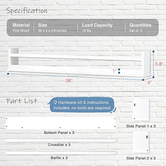 Large Nursery Book Shelves 36 Inches Long Set of 3, Modern Plate Shelf for Wall Display, Floating Shelves with Lip and Clothes Rod for Kids Bedroom Living Room Kitchen Bathroom (White)