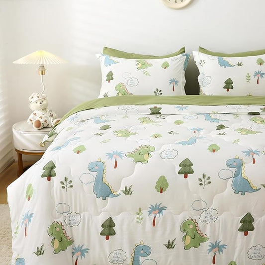 Wajade Kids Dinosaurs Comforter Set Bed in A Bag Twin Size 7 Piece Cute Green Dinosaur Jungle Bedding Set for Girls Boys (1 Comforter, 1 Flat Sheet, 1 Fitted Sheet, 2 Pillowcase and 2 Pillow Sham)