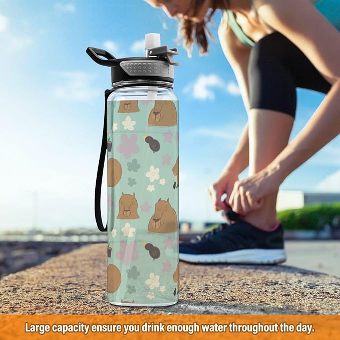 Capybara Kawaii Water Bottle with Straw Flowers Sports Bottles BPA-Free Tritan Water Jug with Carrying Strap for Gym Office Outdoor Sports