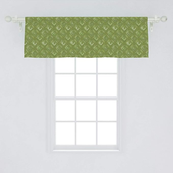 Ambesonne Olive Green Window Valance, Grunge Geometric Pattern Square Shape Diagonal Abstract Rhombus, Curtain Valance for Kitchen Bedroom Decor with Rod Pocket, 54" X 18", Olive Green