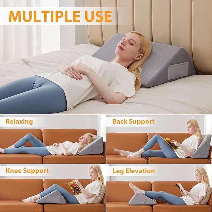 Knee Wedge Pillow, 8" Wedge Pillow for Knee Pain Relief, Premium Memory Foam Knee Pillow for Back Sleeping, Triangle Wedge Pillow for Leg Elevation, Back Pain, Sciatica, Hip Support, Velvet