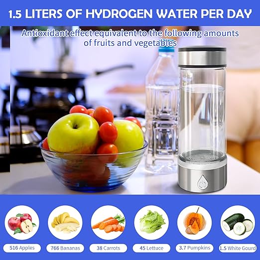 Hydrogen Water Bottle, Portable Hydrogen Water Bottle Generator, Rechargeable Water Ionizer Machine, 3 Minutes Water Quality Enhancement Health Water Bottle for Home Travel Sports Office (Silver)