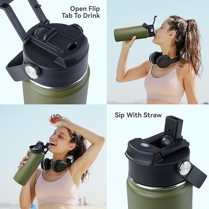 Kerilyn Stainless Steel Insulated Water Bottle, 24oz Double Wall Vacuum Insulated Water Bottle Leak Proof with Silicone Straw, Wide Mouth Lid, BPA Free, Keep Cold and Hot, 24oz, Army Green