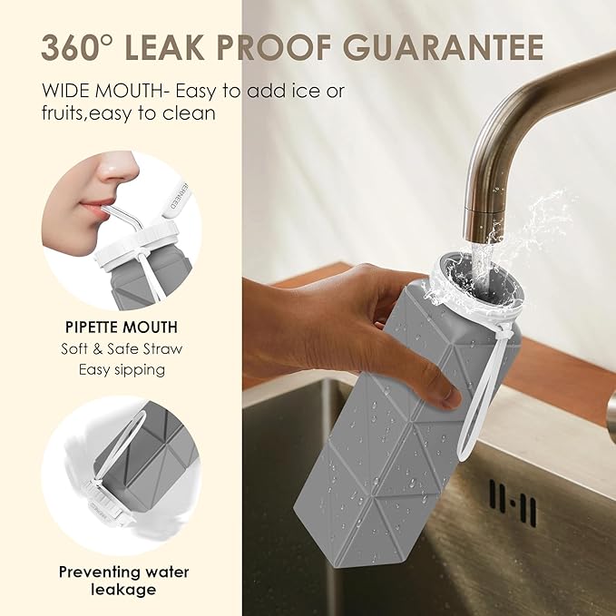 INNERNEED Collapsible Drinking Water Bottle with Straw, Reuseable Leakproof BPA Free Silicone Foldable Sports Gym Bottle, with Carrying Strap (1pack, Dark Gray)