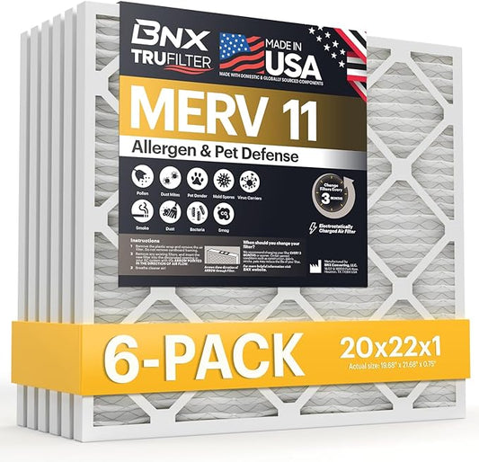 BNX TruFilter 20x22x1 Air Filter MERV 11 (6-Pack) - MADE IN USA - Allergen Defense Electrostatic Pleated Air Conditioner HVAC AC Furnace Filters for Allergies, Dust, Pet, Smoke, Allergy MPR 1200 FPR 7