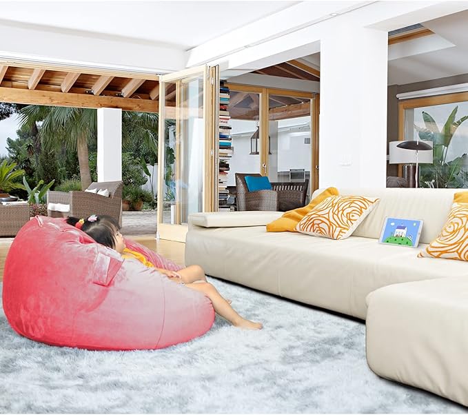 Bean Bag Chair Cover, Stuffed Animal Storage, Plush Toys Organizer Holder, Beanbag Chairs Cover for Kids Teans and Adults Super Soft and Comfortable Fabric X-Large with Handle and Zipper -Round Pink